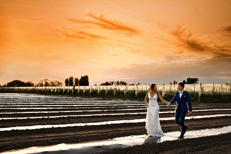 Couple de mariés marchant main dan sla main près des verges de pomme au château Lavalade