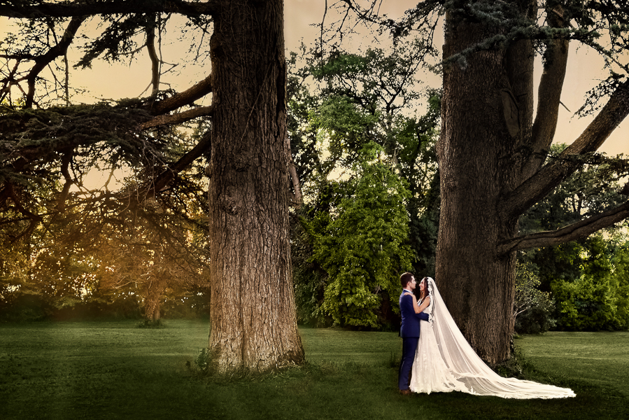 Couple de mariés sous un grand chêne au château Lavalade
